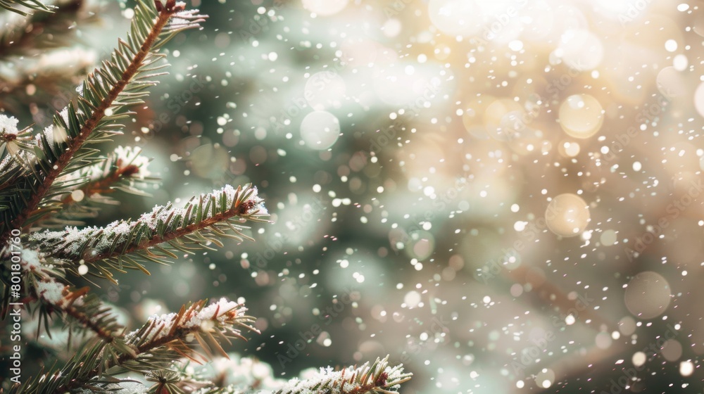 Pine branches covered in snow with golden bokeh lights creating a magical winter scene. Pine branches covered in snow with golden bokeh lights creating a magical winter scene.