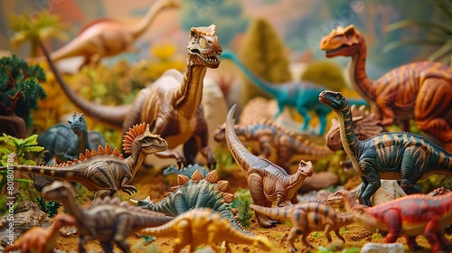 A collection of toy dinosaurs arranged in a prehistoric scene © SHAPTOS