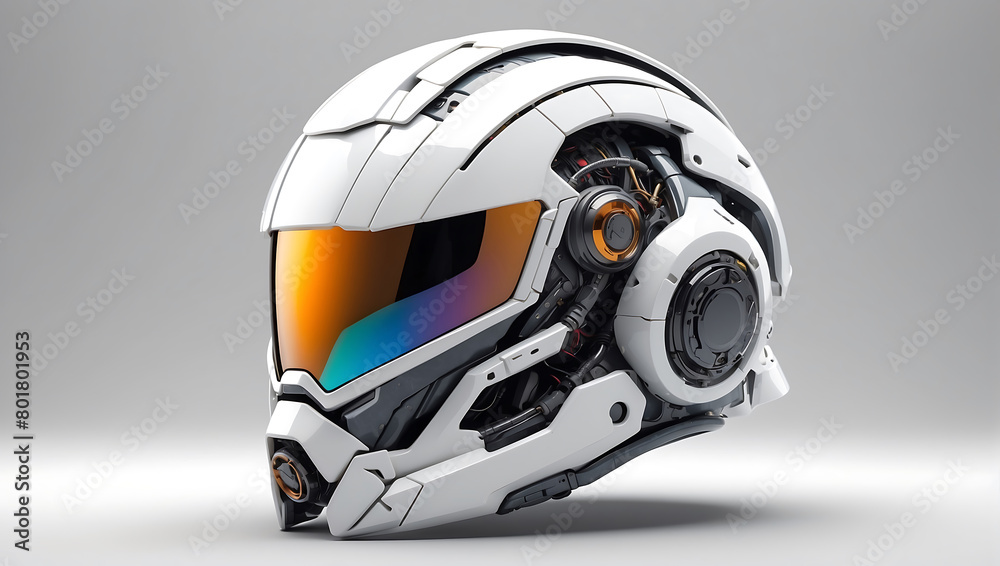 A futuristic cybernetic helmet on a white background with a gray background, modern stylized intricate high tech helmet A futuristic cybernetic helmet on a white background with a gray background, modern stylized intricate high tech helmet