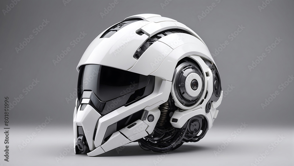 A futuristic cybernetic helmet on a white background with a gray background, modern stylized intricate high tech helmet A futuristic cybernetic helmet on a white background with a gray background, modern stylized intricate high tech helmet