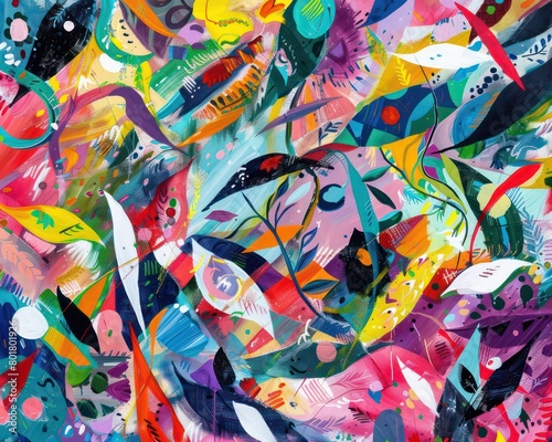 abstract painting with many shapes and colors, vibrant airy scenes, expressive lines