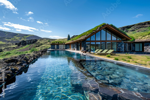 An Icelandic retreat in a green belt volcanic area, with eco-friendly design, turf roofs, and natural thermal pools amidst rugged lava fields. © artist