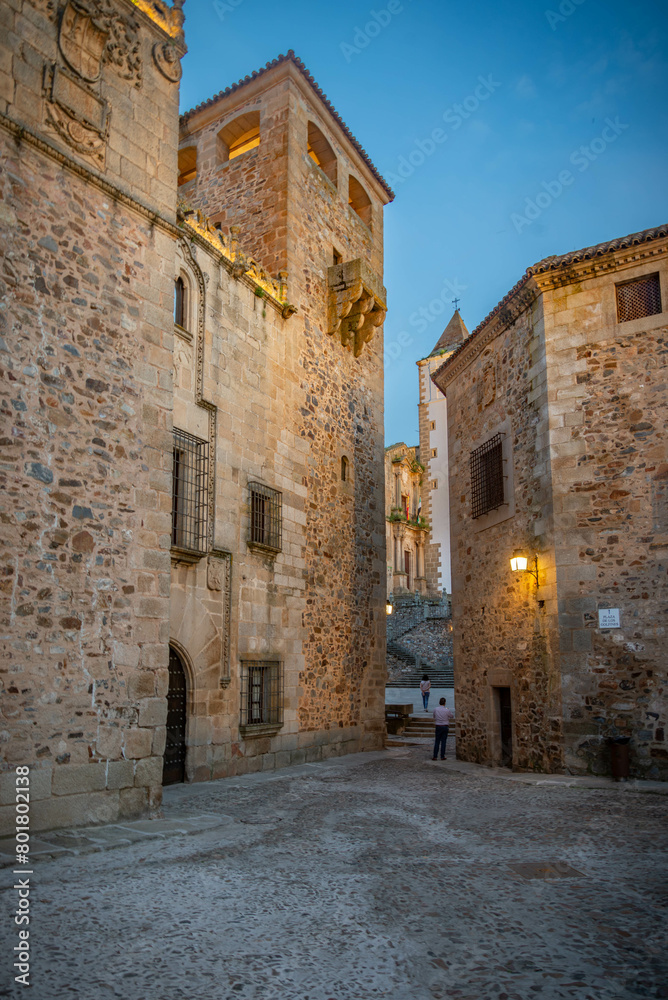 Fototapeta premium Vista panorámica del casco histórico de la ciudad española de Cáceres con vistas a los tejados de tejas marrones de edificios antiguos alrededor de la plaza principal en el soleado día de primavera, 