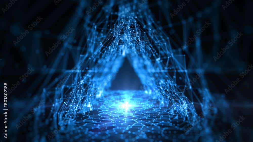 Technology concept big data network, Tunnel triangle with dot and lines dark blue abstract background. animation 4k, 3d rendering.