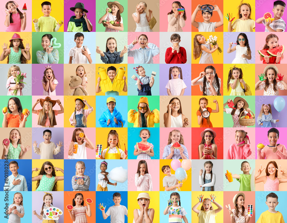 Big collage of cute little children on color background Big collage of cute little children on color background