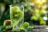 Over a wooden table encompassed by emerald nature, luscious Kiwi fruits are accompanying by sparkling water in glass lovely shot and space, Generative AI.