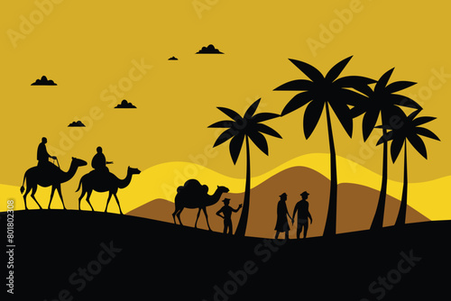 Silhouette of Caravan mit people and camels wandering through the deserts with palms at night and day. Vector © mobarok8888