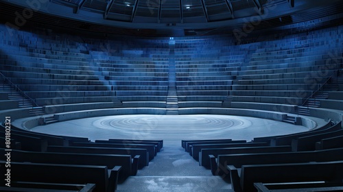 a stage in the middle an empty arena, light silver and indigo