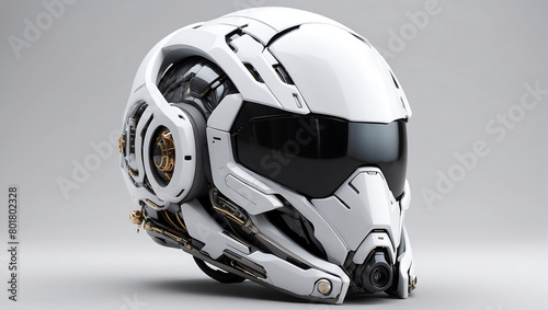 A futuristic cybernetic helmet on a white background with a gray background, modern stylized intricate high tech helmet © mdaktaruzzaman