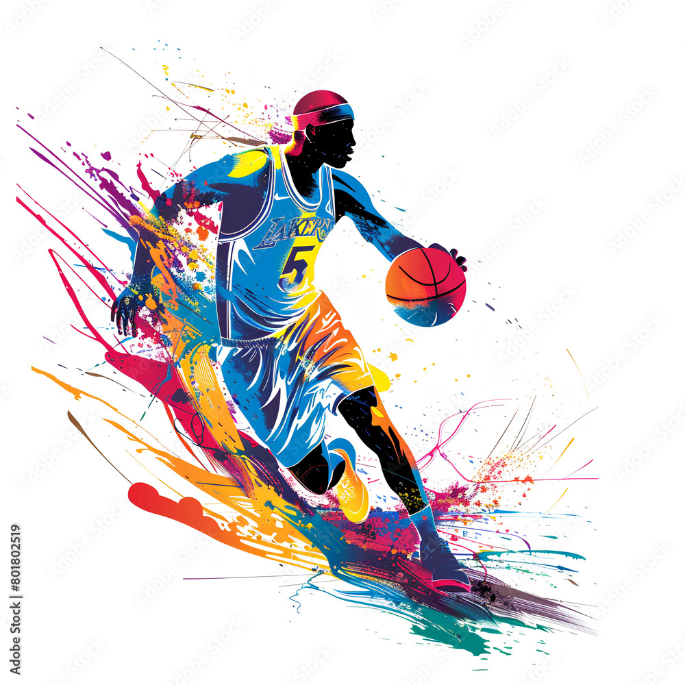 Dynamic Basketball Player Dribbling, Colorful Watercolor Motion on White Background
