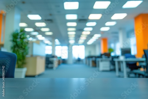 blurred empty open space office, abstract light bokeh at office interior background