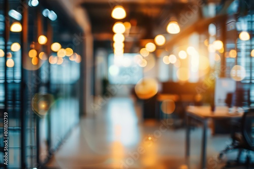 blurred empty open space office, abstract light bokeh at office interior background