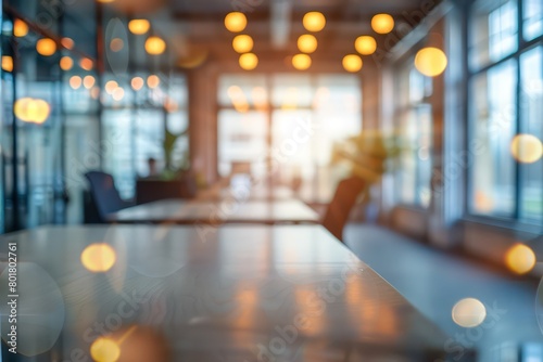 blurred empty open space office, abstract light bokeh at office interior background