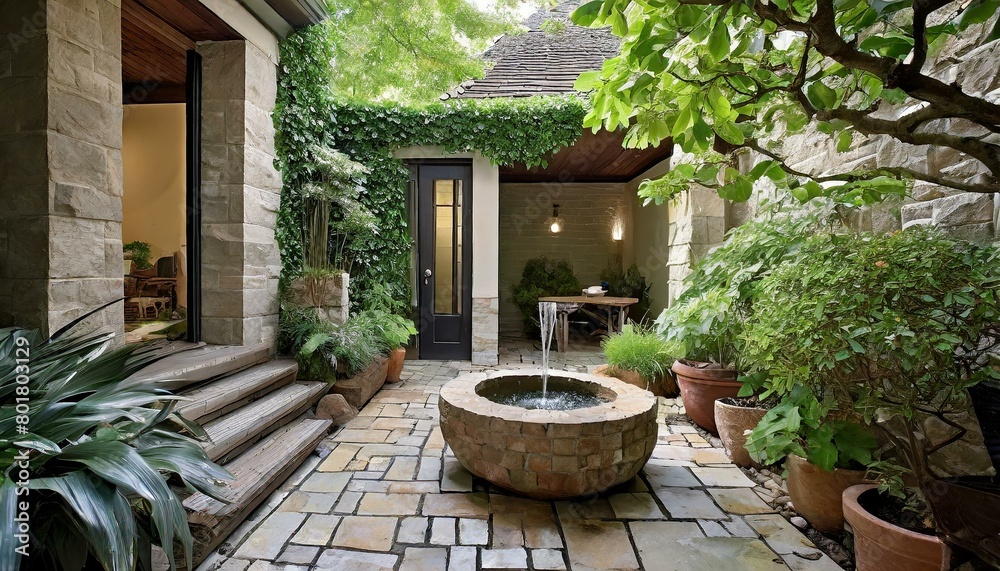 Hidden Courtyard at home Tranquil courtyard with stone walkways meet lush greenery. and a gently flowing fountain Invite to relax and sliding doors connect kitchen