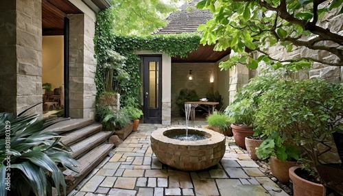Hidden Courtyard at home Tranquil courtyard with stone walkways meet lush greenery. and a gently flowing fountain Invite to relax and sliding doors connect kitchen