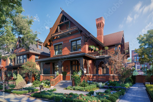 An urban Craftsman townhouse with a unique blend of brick and wood fa  section ade  decorative gables  and a landscaped front garden  fitting seamlessly into the historic city block.