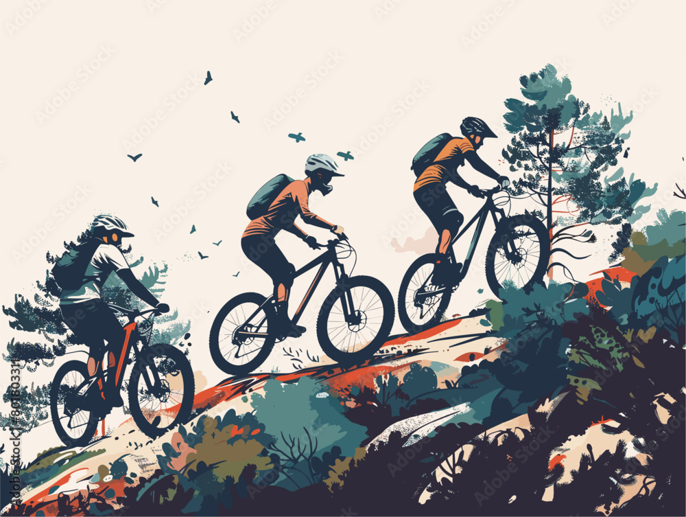 Obraz premium Adrenaline-Fueled Mountain Biking Trail Conquest: A Collaborative Adventure Through Nature's Obstacles
