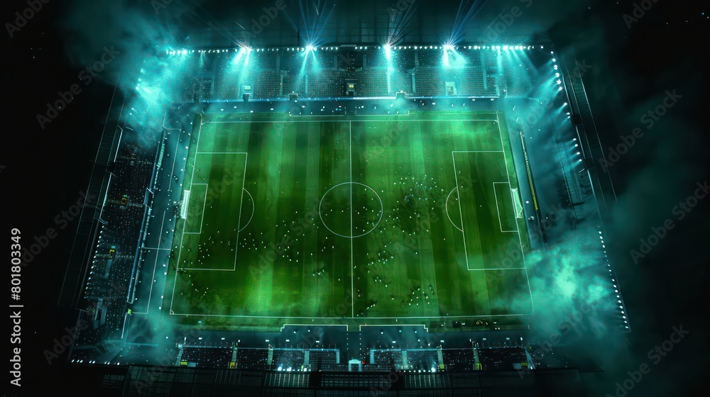 empty soccer stadium, floodlight, ball in the center empty soccer stadium, floodlight, ball in the center