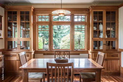 The elegant simplicity of a craftsman style dining room, with handcrafted wooden furniture, built-in cabinetry, and a large bay window offering garden views.