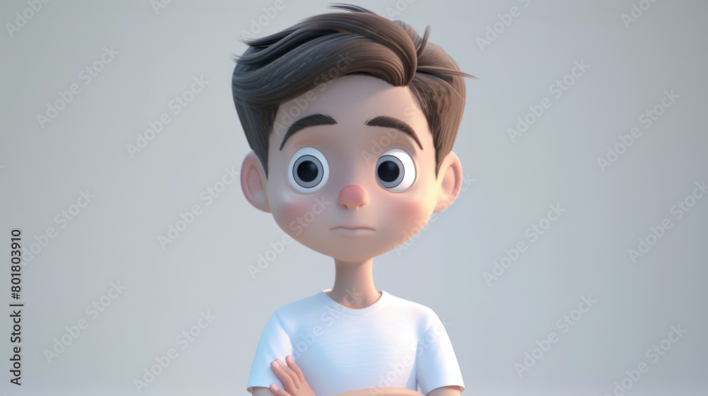 An adorable cartoon boy with big eyes, wearing a plain white shirt, appears contemplative on a neutral background.