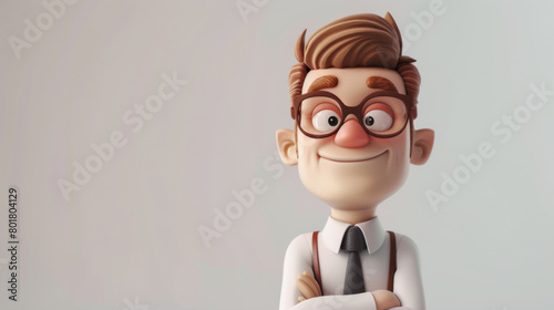 A 3D cartoon businessman character with folded arms, wearing a grey suit and tie, on a light background.