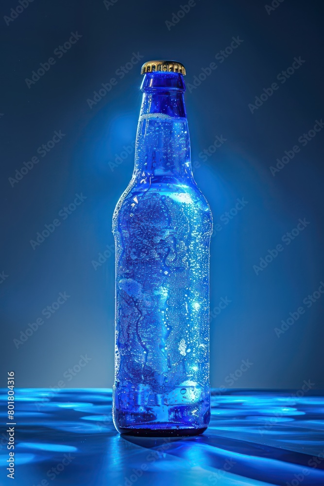 blue beer bottle, low angle, in back lighting effect blue beer bottle, low angle, in back lighting effect