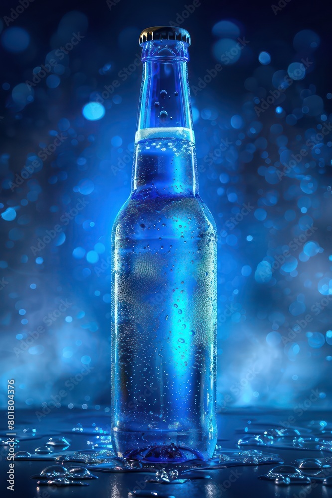 blue beer bottle, low angle, in back lighting effect blue beer bottle, low angle, in back lighting effect