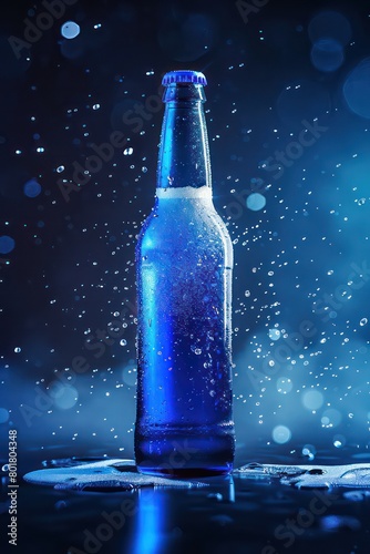 blue beer bottle  low angle  in back lighting effect