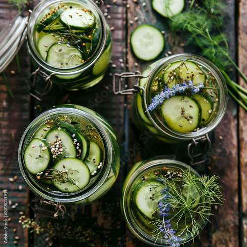 Pickled Cucumbers, Dill Pickles in a glass jar top view