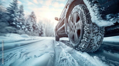 car driving in the snow, close-up of tires