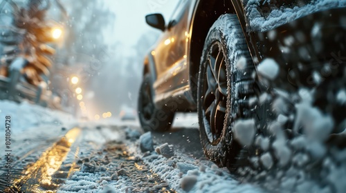 car driving in the snow, close-up of tires