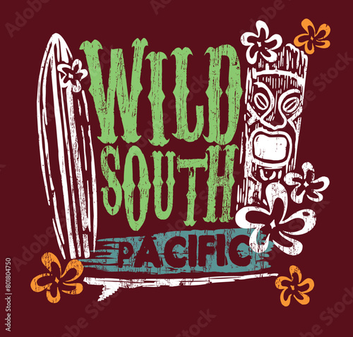 Vector illustration in rustic strokes of totem and surfboards with text related to the pacific ocean.