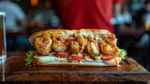 A clean fried shrimp atop a homemade po boy sandwich laid out over a wooden a serving piece platter over a wooden stove top setting and space, Generative AI. © Electric Wolf