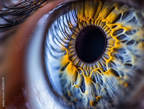 Macro view of a person s eye with detailed iris texture and vibrant colors.