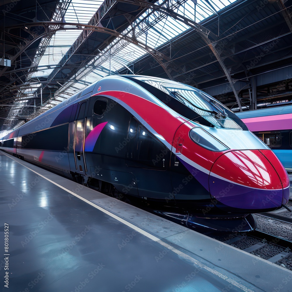 Fototapeta premium a urban metro train at the station with red and purple lights