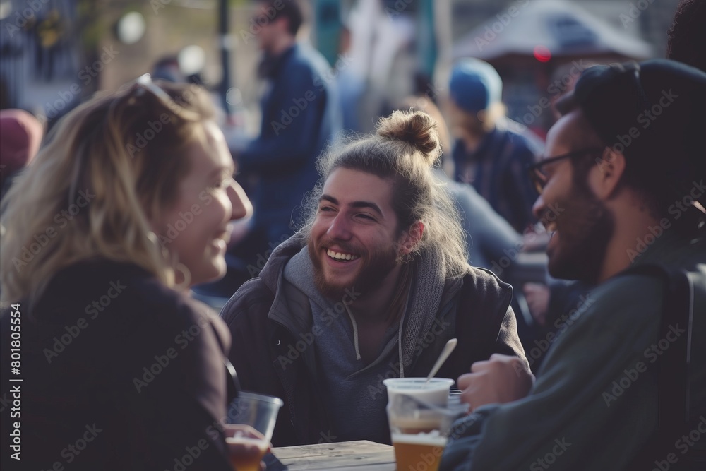 Group of friends having a great time in a pub. They are laughing and drinking beer.