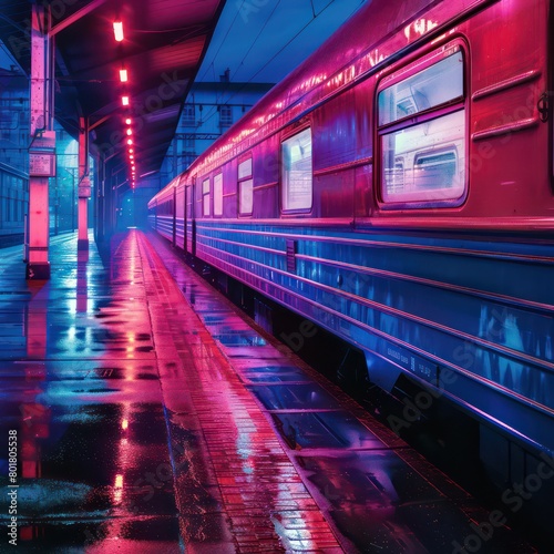 a urban metro train at the station with red and purple lights