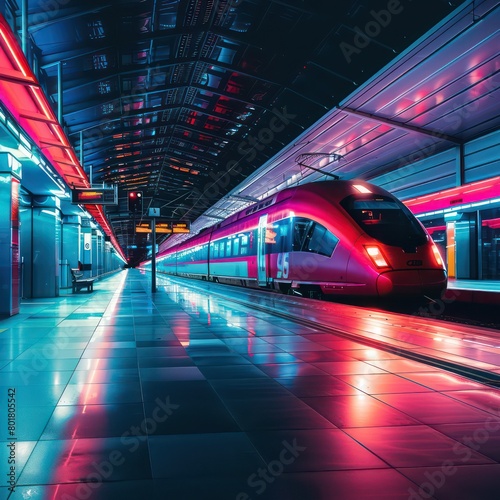 a urban metro train at the station with red and purple lights
