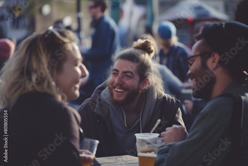 Group of friends having a great time in a pub. They are laughing and drinking beer.