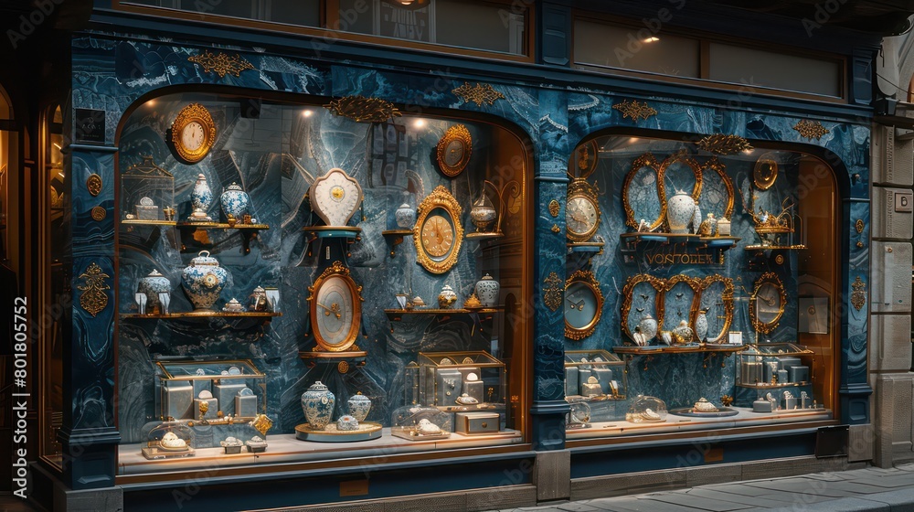 shop window display, gallery, with a glass facade