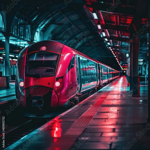 a urban metro train at the station with red and purple lights