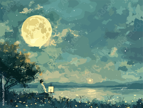 Tranquil Reverie: An Artist's Moonlit Masterpiece in Vector Elegance