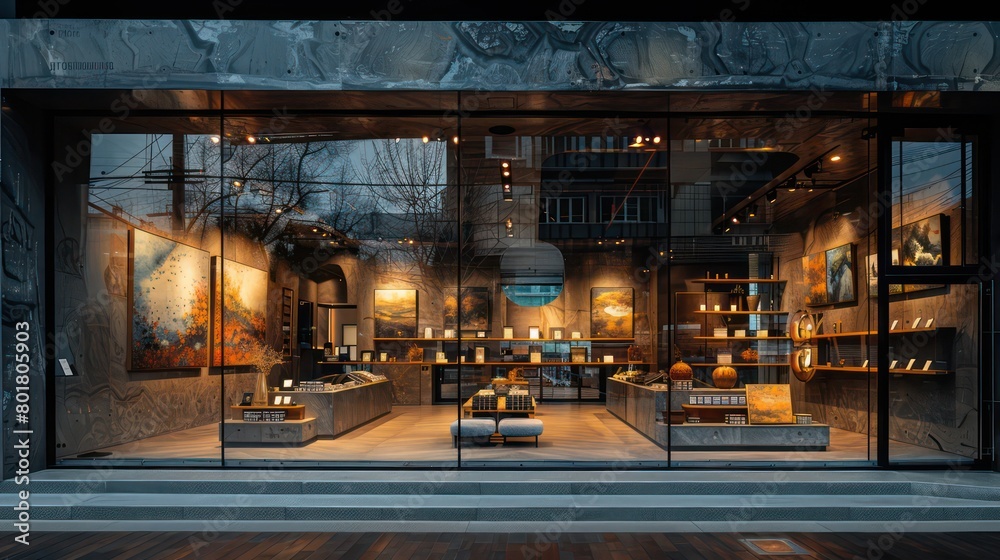 shop window display, gallery, with a glass facade shop window display, gallery, with a glass facade