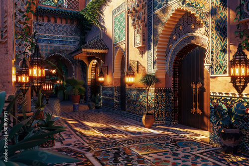 A 3D render of a Moroccan craftsman house in the heart of Marrakesh, with intricate tile work, vibrant courtyards, and ornate lanterns casting warm lights on textured walls. © artist
