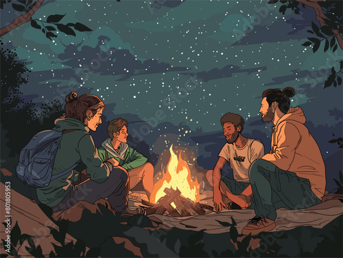 Camping Memories: Friends Share Stories by Firelight Under a Starry Sky