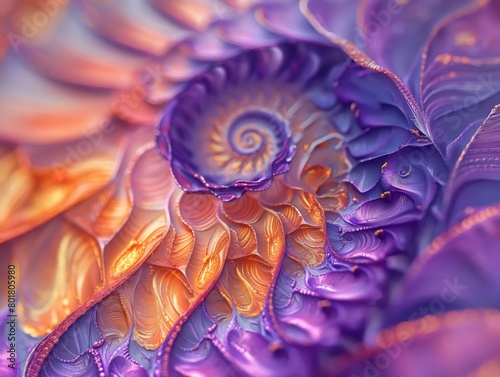 Close-up view of a vibrant spiral fractal pattern with rich purple and orange hues.