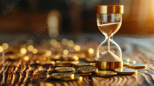  Investment, Deposit, Growth of income and savings money concept. Golden coins and hourglass clock,