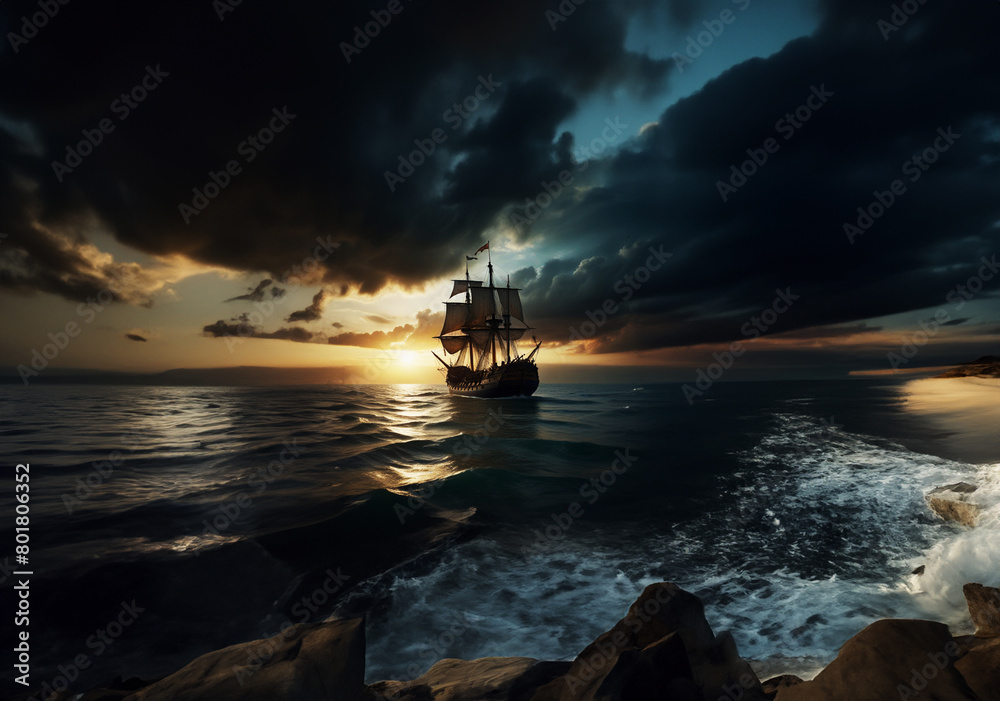 Fototapeta premium With each crashing wave, the ship was thrown about wildly.