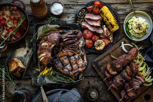 Freshly barbecued food, on a wooden table.