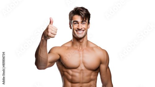 Smiling muscular man flexing his perfect body and biceps muscle, showing thumbs up sign, isolated on transparent background